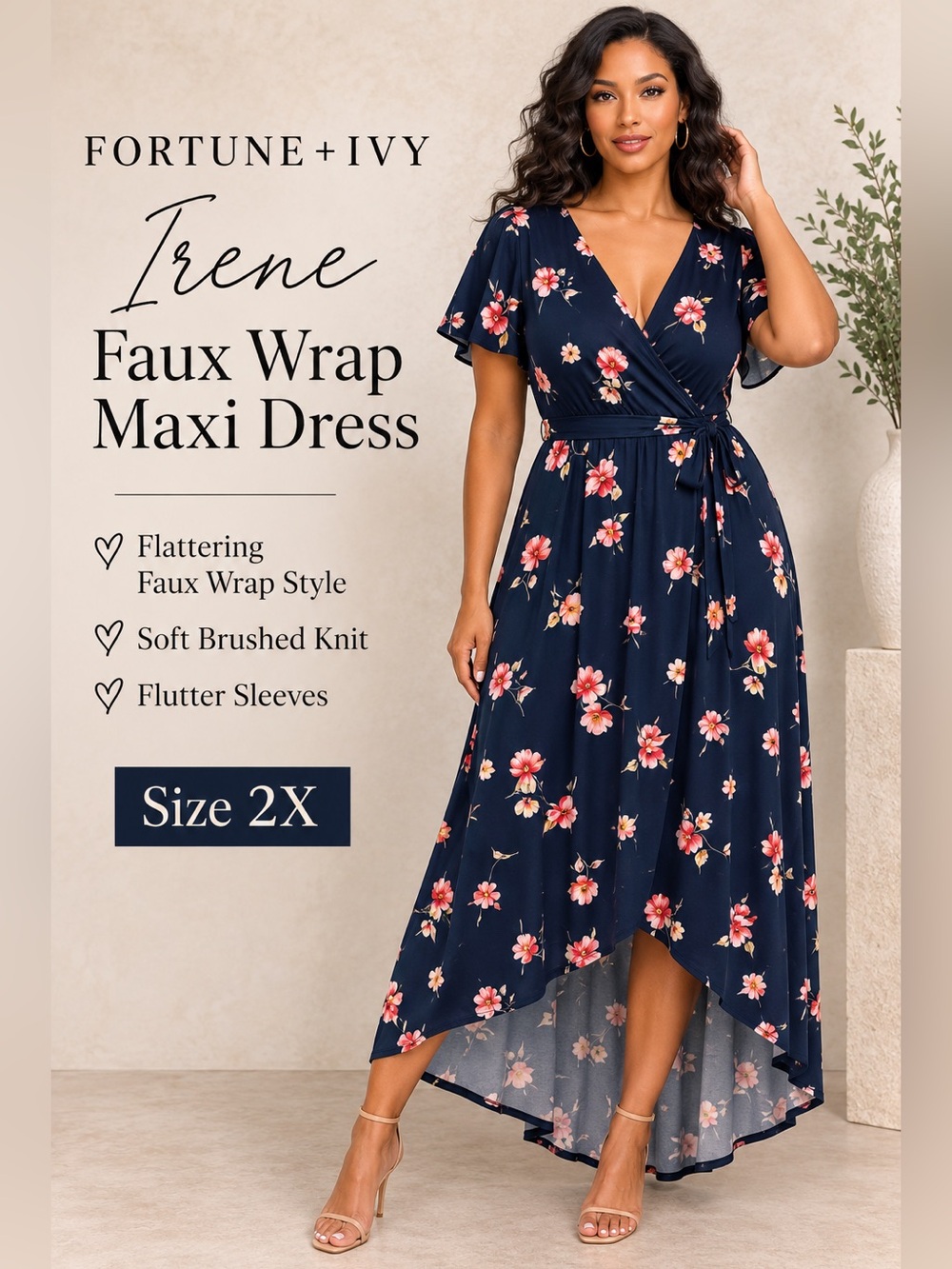 Fortune + Ivy Irene Faux Wrap Brushed Knit Maxi Dress Navy Floral 2X NWT